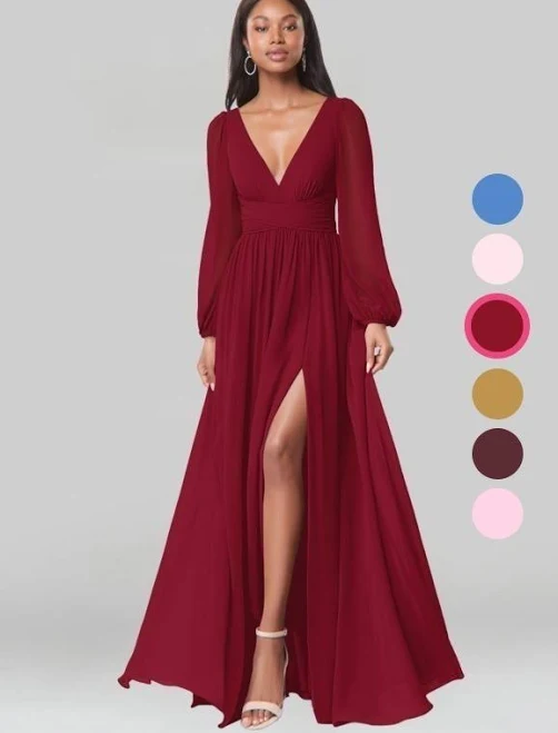 dress Azazie A-Line V-Neck Long Sleeve Floor-Length Chiffon Bridesmaid Dresses Azazie.com $139