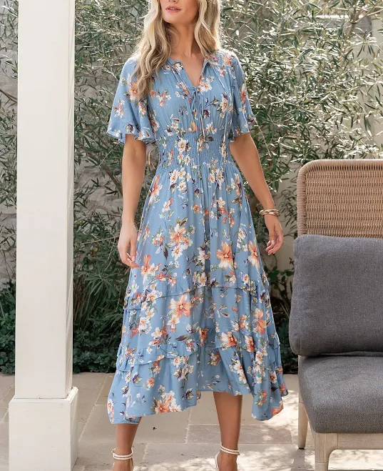 dress Baltic Born Womens Spell Boho Midi Dress Blue & Peach Floral Baltic Born $74