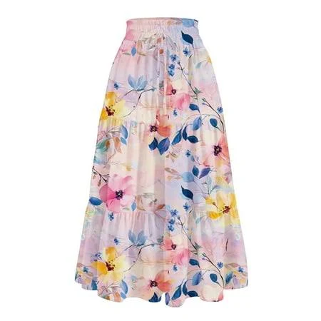 skirt Bbyeadc Midi Skirts for Women Tiered Elastic High Waisted Maxi Skirt Comfy Drawstring Skirt Casual Pleated Skirts Women Midi Walmart - bbyeadc $8.69