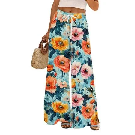 palazzo pants Bbyeadc Palazzo Pants for Women Drawstring Wide Leg Floral Print Bottoms High Waist Side Split Hemed Trousers Casual Pants Walmart - bbyeadc $18.99