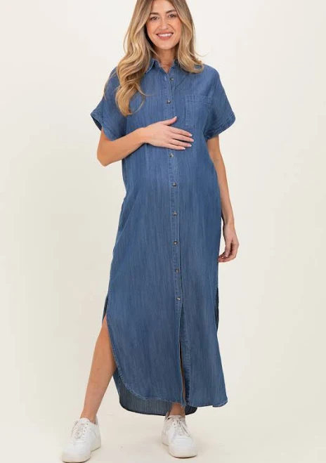 dress Blue Chambray Button Down Maternity Shirt Dress PinkBlush Maternity $60