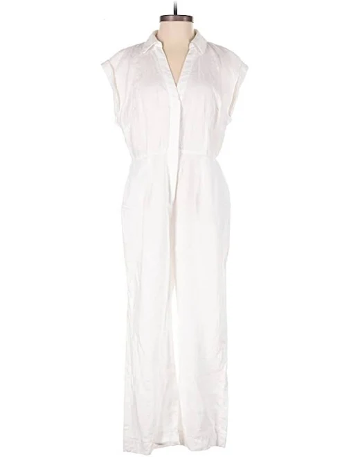 jumpsuit Boden Jumpsuit Collared Neckline Sleeveless: White Solid Pattern Jumpsuits - Women's Size 4 Petite, 100% Linen, ThredUp ThredUp $26