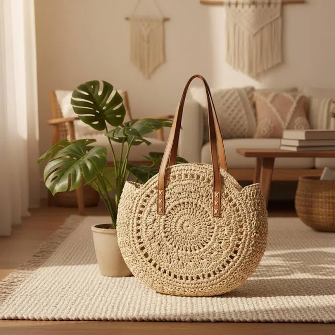 bag Bohemian Woven Straw Beach Tote with Leather Handle Etsy - Seller $40.48