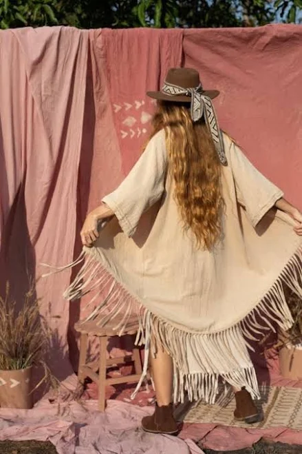 outerwear Boho Fringe Kimono/Bohemian Cover Up/Kimono Robe/Festival Cape/Natural Fabrics Etsy - AllisLoveArt $120