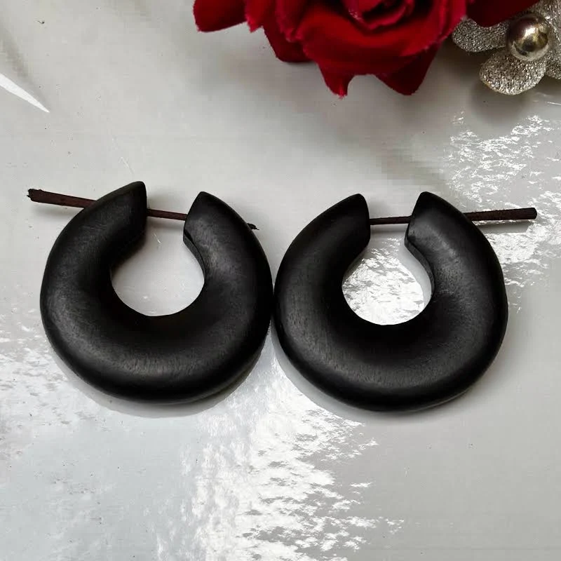 accessory Boho Wood Huggie Hoop Earrings Etsy - Seller $7.49