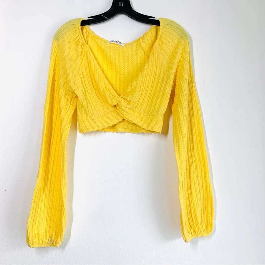 top Bright Yellow Low V Tie Front Ribbed Crop Top | Color: Yellow | Size: S | Reretailtherapy's Closet Poshmark $12