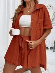 two piece set Button Down Shirt and Drawstring Shorts Set - Terracotta / L Charming Charlie $36