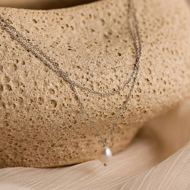 accessory Caitlyn Minimalist Dainty Duo Chain Layered Pearl Necklace Caitlyn Minimalist $39