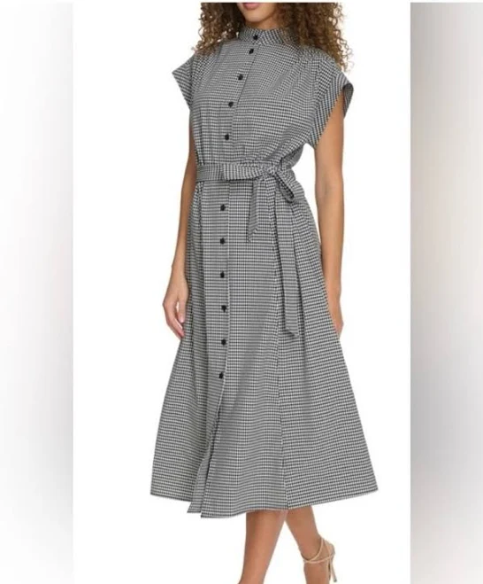 sundress Calvin Klein Dresses | Calvin Klein Black & White Gingham Midi Shirt Dress With Tie Waist | Color: Black/White | Size: 8 | Cristinagome415's Closet Poshmark $40