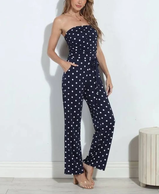 jumpsuit Capella Navy Blue White Polka Dot Strapless Long Full Length Jumpsuit eBay - sassycatclothing $43.79