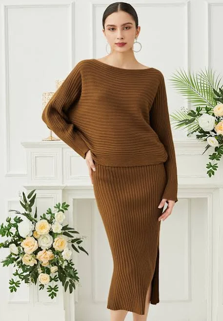 matching set Chicwish Ribbed Knit Boat Neck Top and Skirt Set Chicwish $63.9