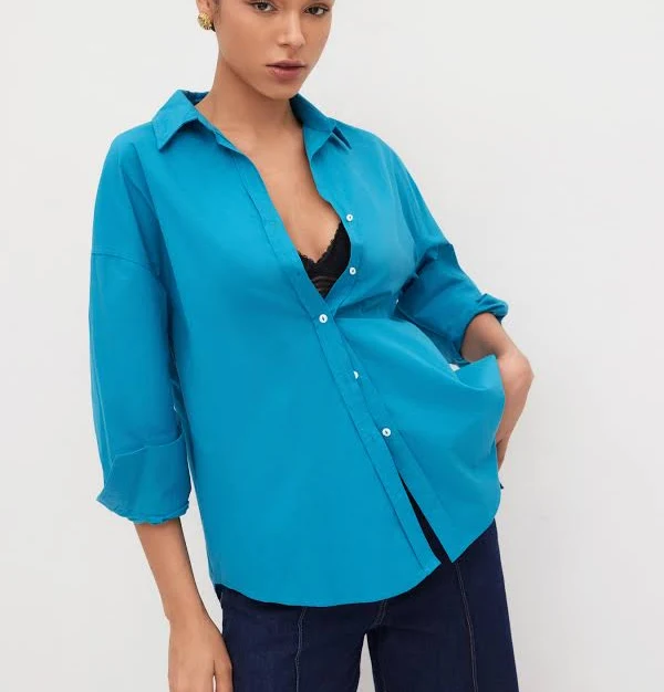 outerwear CIDER Oversized Woven 100% Cotton Long Sleeve Collar Button Solid Opaque Shirt Womens for Daily Cider $22.74