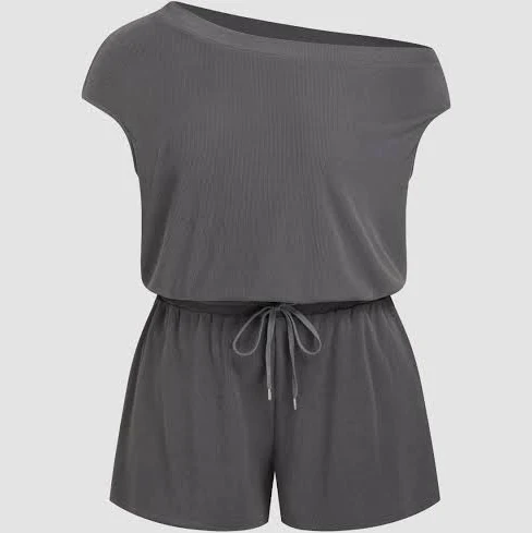 romper CIDER Plus Size Curve Knit Fabric Asymmetrical Neck Drawstring Daily Casual Romper Womens Cider $37.9