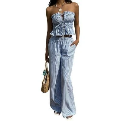 two piece set Coolmee Women's Casual Striped Tube Top and Wide Leg Pants Set Target $37.99