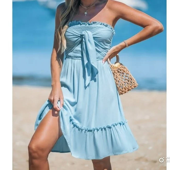 dress Cupshe Sleeveless Smocked Bodice Ruffled Mini Dress with Pockets eBay - melbasstyleshop $18