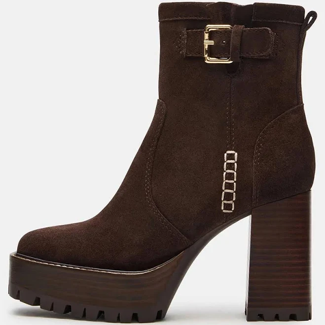 boots Dark Brown Square Toe Block Heel Side Zipper Buckle Platform Booties Brown-6.5 YDN Shoes $125