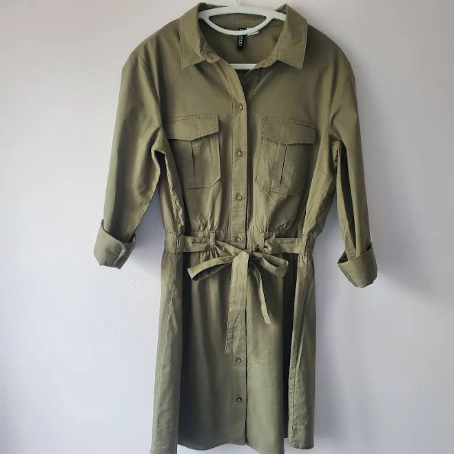 dress Divided By H&m Olive Green Button-up Utility Shirt Dress Sz M Tie Belt eBay $25