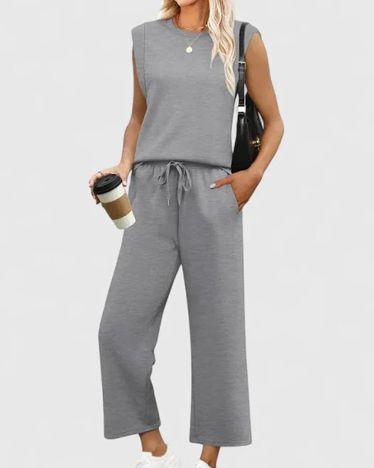 matching set Dusty Blue Knit Tank & Drawstring Wide-Leg Pants Set, Gray / M Veloria-Fashion $55.95