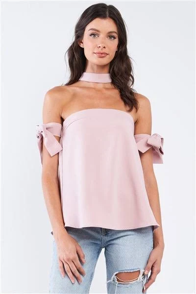 top Dusty Rose Bow Tie, T-Silhouette Back Halter, and Ribbon Sleeve Top Charmed & Fortunate $26