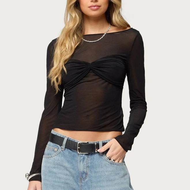 top Edikted Women's Oona Sheer Gathered Long Sleeve Top edikted $16.2