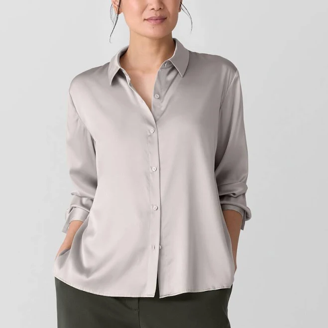 top Eileen Fisher Women's Stretch Silk Charmeuse Classic Collar Shirt Eileen Fisher $199.2