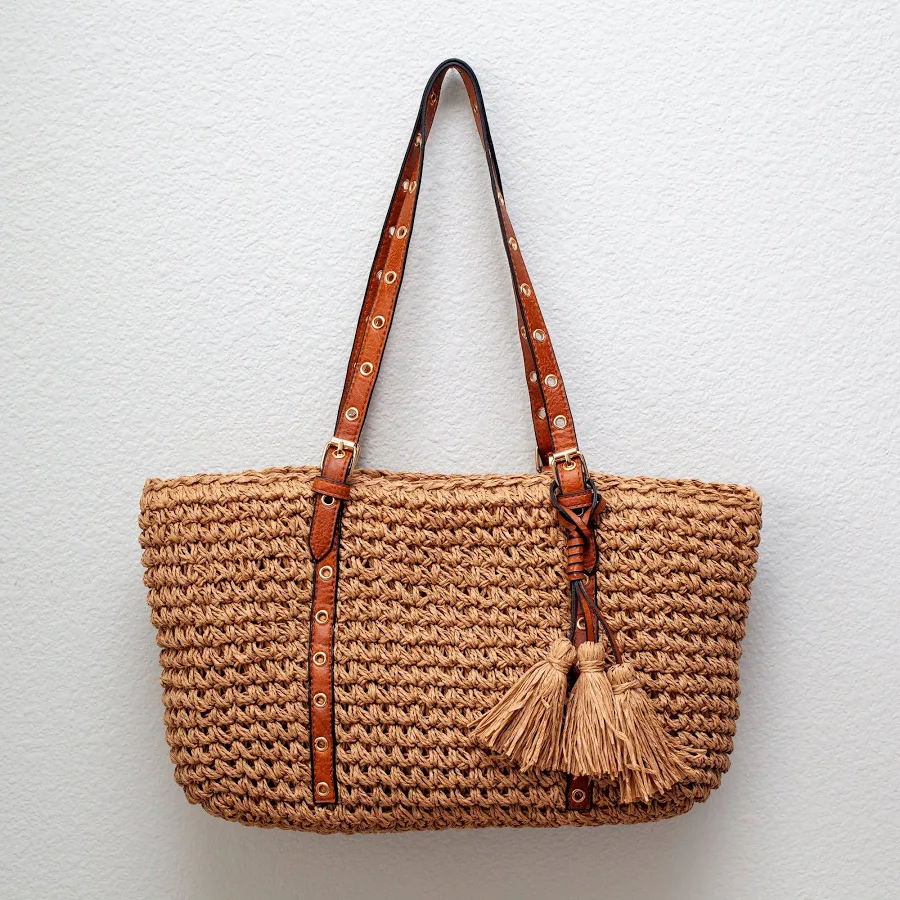bag Elena Straw Woven Tote with Leather Straps Elena Handbags $42