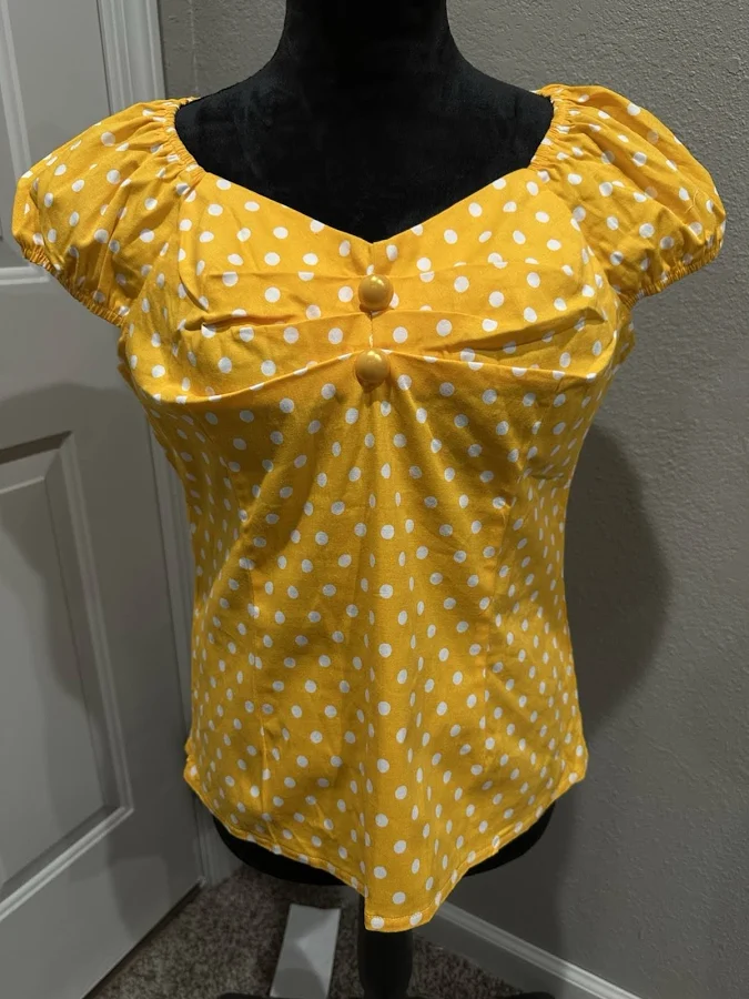 blouse Elesol Women’s Yellow White Polka Dot Puff Sleeve Blouse Retro eBay $18.95