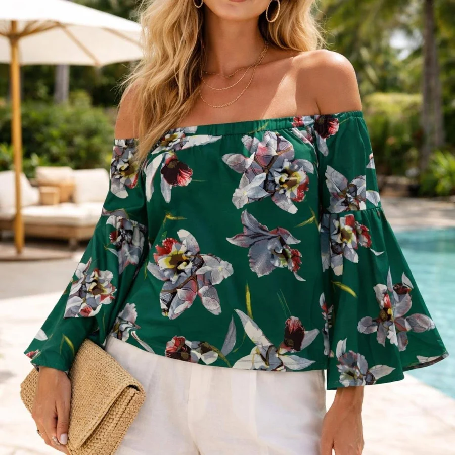 blouses Emerald Green Tropical Floral Off Shoulder Blouse with Bell Sleeves - New with Tags - Medium Depop $28