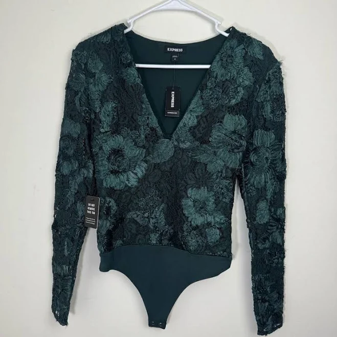 bodysuit Express Lace Embroidered V-neck Long Sleeve Thong Bodysuit Emerald eBay - top-moda-b $30