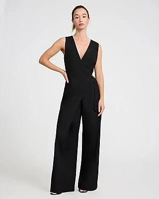 romper Express Women's V-Neck Sleeveless Surplice Belted Wide Leg Jumpsuit Express $88