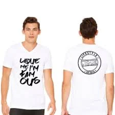 top FAMOUS v-neck shirt white with black sign liquemiami.com $45