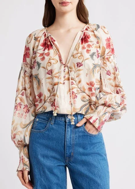top FARM Rio Royal Garden Print Cotton Peasant Top Nordstrom $198