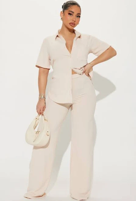 outfits Fashion Nova Short Sleeve Button Up Shirt Wide Leg Pant Set in Oatmeal, Size Fashion Nova $27.99