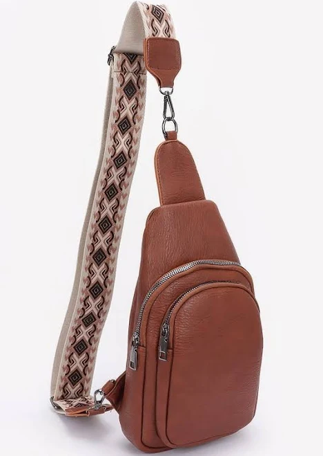bag Faux Leather Sling Bag W/multi Color Strap Camel DiscountDressShop $35