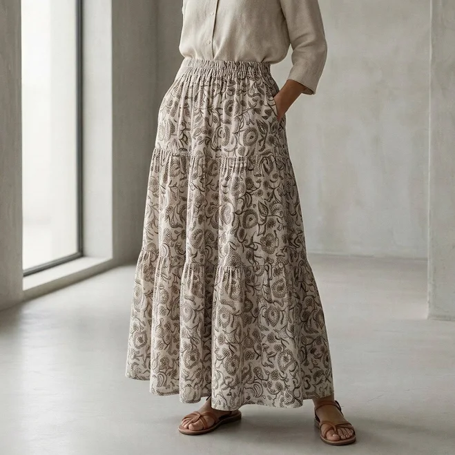 bottoms Floral Block Print Maxi Tier Skirt SeamsFriendly $80