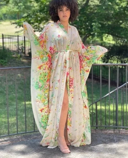 dress Floral Chiffon Sheer Kimono Maxi Kaftan Dress Etsy - Seller $119.99
