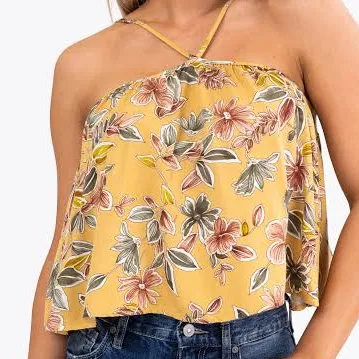 top Floral Print Halter Neck Flowy Top Lime Lush $17.95