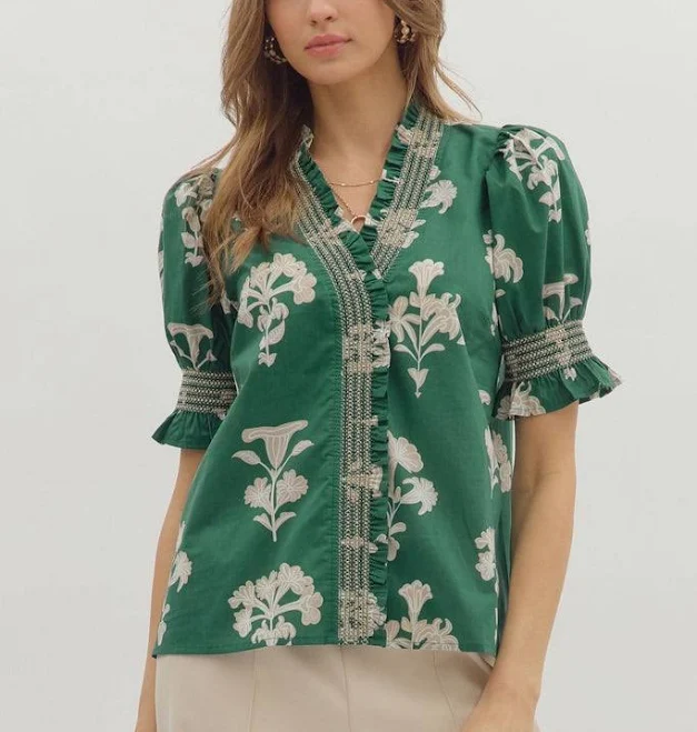 top Floral Smocked Cali Top homeandvineauburn.com $27