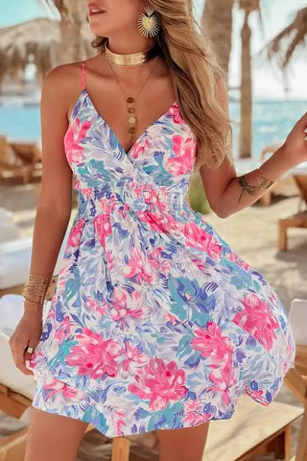 dress Floral Spaghetti Strap Surplice Neck Shirred Waist Mini Dress ulivarylife.com $68