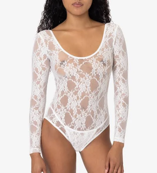 bodysuit FNS328 - Floral Lace Long Sleeve Scoopneck Bodysuit, Off White / L Los Angeles Apparel $56