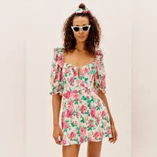 dress For Love and Lemons Coquette Puff Sleeve Floral Ruffle Mini Dress Pink Green Poshmark $45