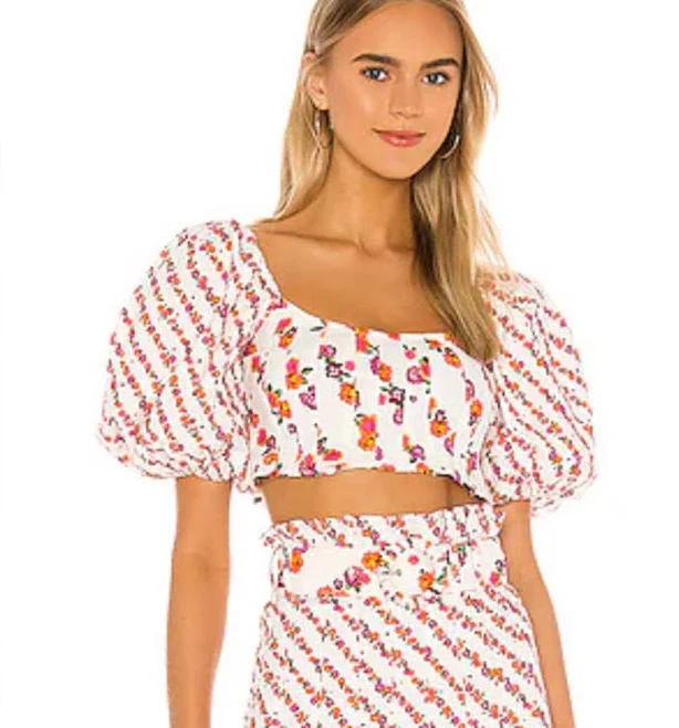 matching set For Love And Lemons Tops | For Love & Lemons Cream Floral Puff-Sleeve Crop Top Linen Blend Xl Nwt | Color: Cream/Orange | Size: Xl | Cjhawes218's Poshmark $55