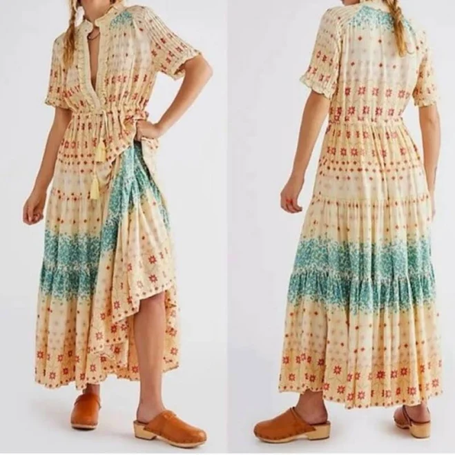 dress Free People Dresses | Free People Cream Maxi Dress With Teal & Coral Accents | Color: Cream/Green | Size: L/G | Albanithai's Closet Poshmark $72