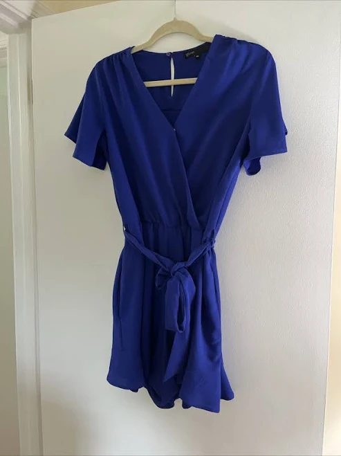 romper Gibson Women's Cobalt Blue Romper V Neck Keyhole Flutter Sleeve Tie eBay $12