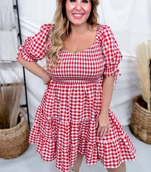 sundress Gingham Puff Sleeve Midi Dress Whiskey Skies $67.95
