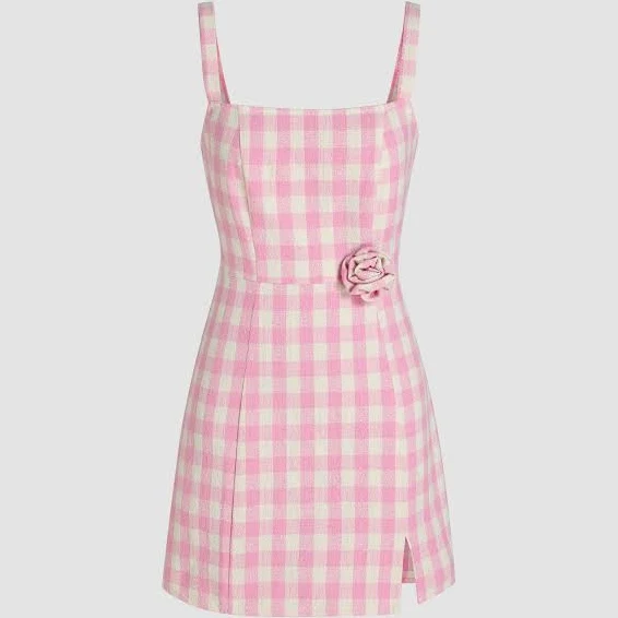 sundress Gingham Square Neck Rosette Check Split Mini Dress Cider $37.9