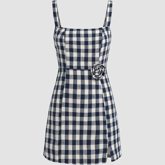 sundress Gingham Square Neck Rosette Check Split Mini Dress Cider $37.9