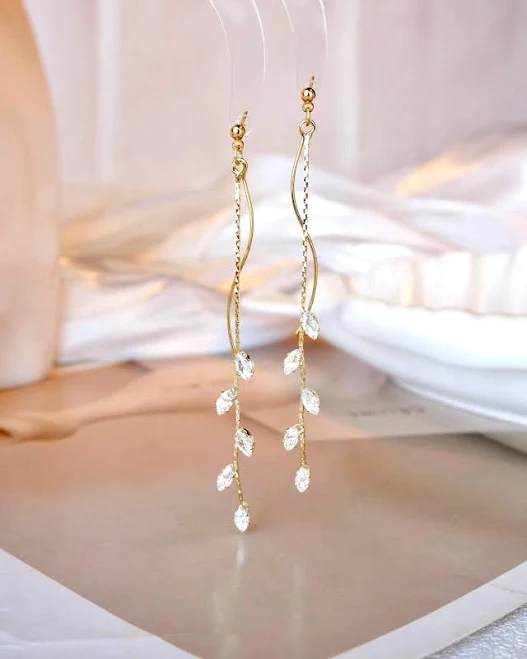 accessory Gold Crystal Olive Leaf Long Dangle Drop Earrings Etsy - Seller $22.9