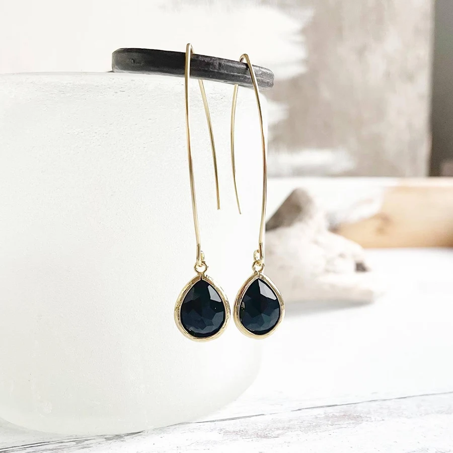 accessory Gold Dangle Earrings with Black Stone Drop Etsy - RusticGem $26.25