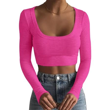 top GSUNSOX Women's Square Neck Long Sleeve Ribbed Slim Fitted Casual Basic Crop Top Hot Pink L, Size: Large Walmart - Golden Shovel Official Store $19.99
